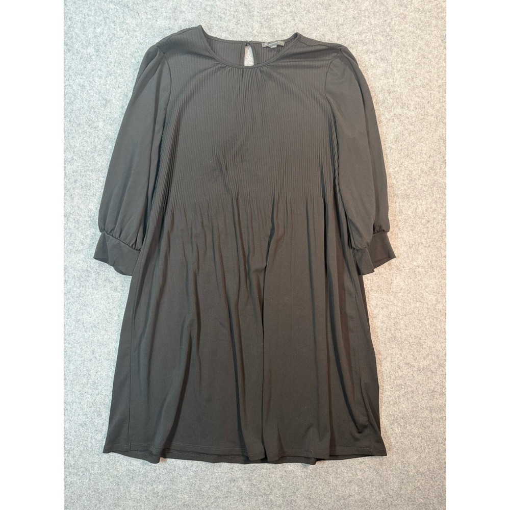 Adrianna Papell Black Pleated Shift Dress 3/4 Sleeve Keyhole Back Size L